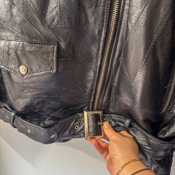 🏍️ Vintage FLIGHT PATH Black Patchwork Leather Biker Jacket 🏍️ - Picture 9 of 13